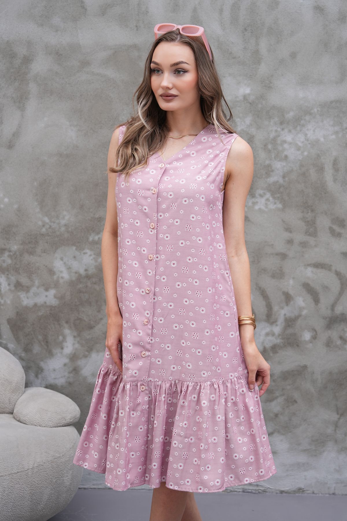 MODAMOR Pembe V Yaka Düğmeli Çiçek Desenli Yazlık Elbise