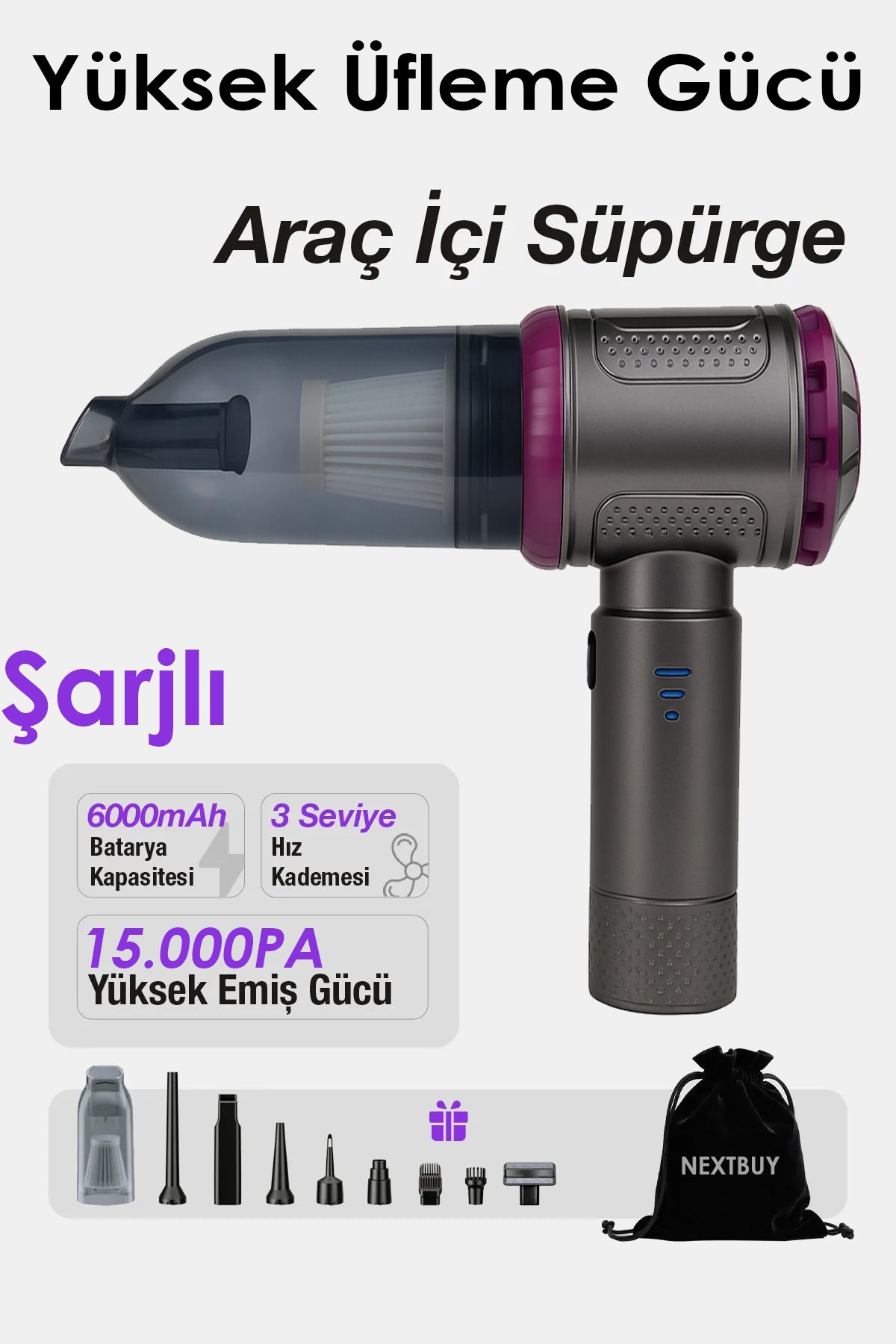 nextbuy Taşınabilir Şarjlı 15.000PA 3Kademeli Vakumlu Süpürge Üflemeli ÇokAmaçlı Araç İçi El Süpürgesi AHV13
