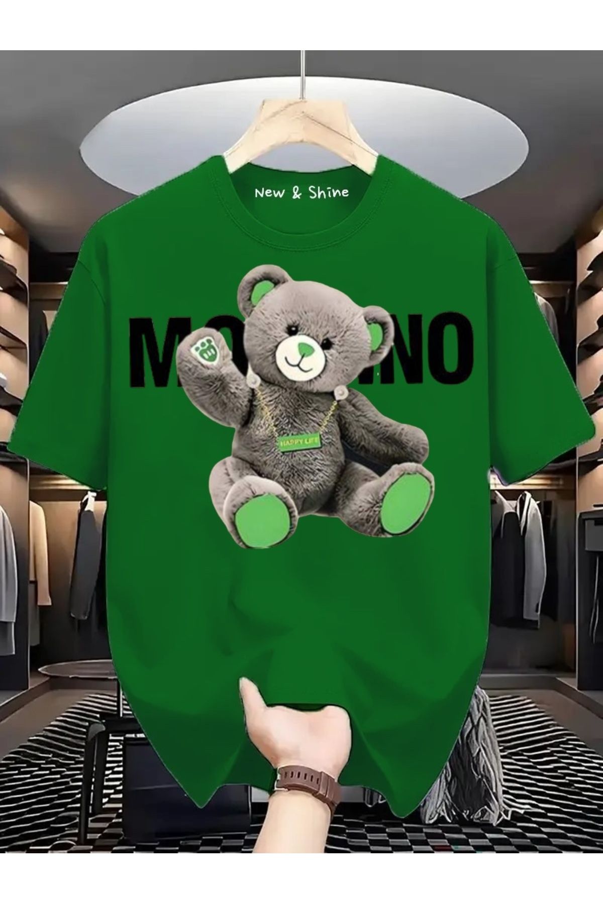 New Shine Gri Ayıcık Baskılı Oversize T-Shirt