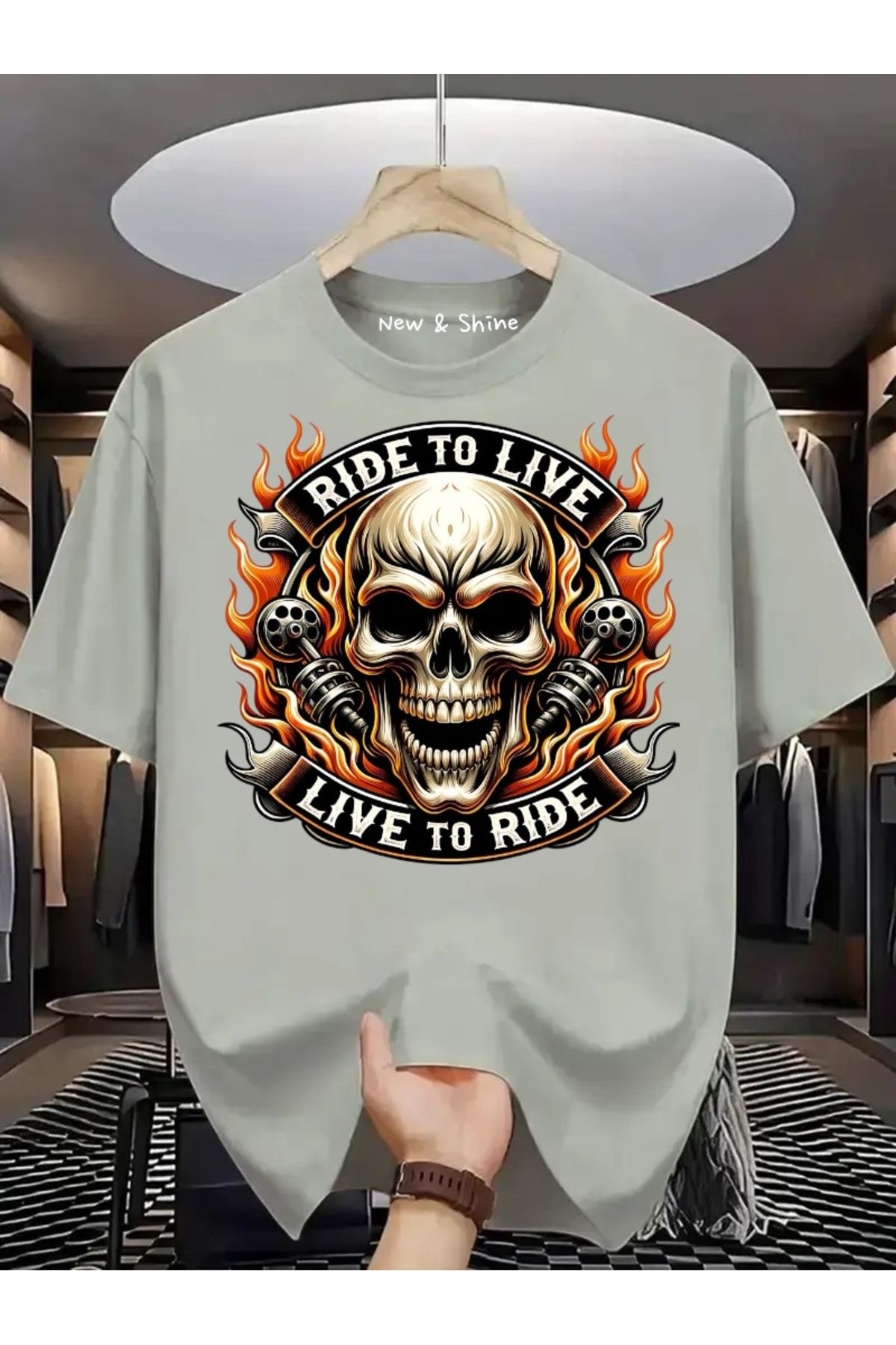 New Shine Ride or Live Baskılı Büyük Beden Oversize T-Shirt