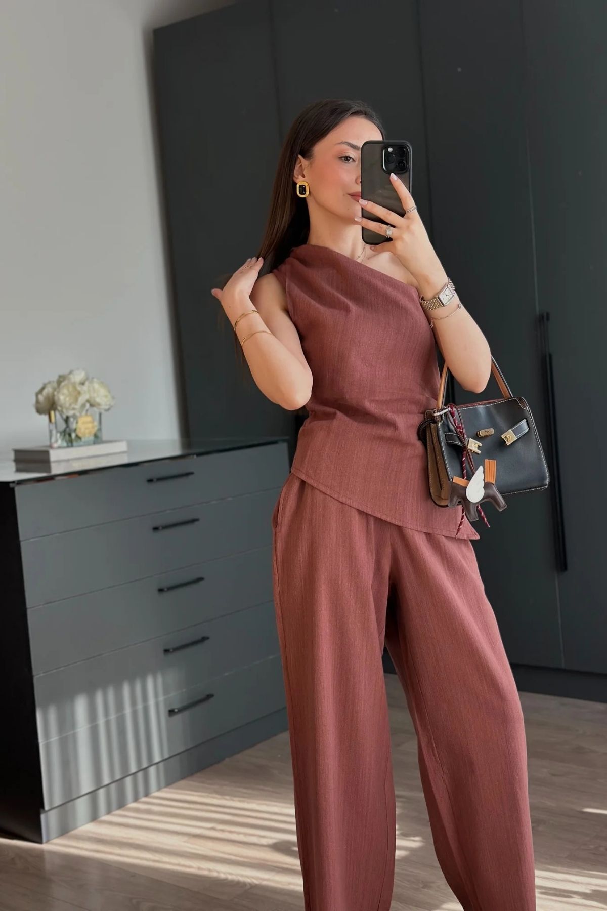 FMN Moda keten kumaş tek omuz drape detay tasarım bluz palazzo geniş paça yüksek bel pantolon pinterest takım