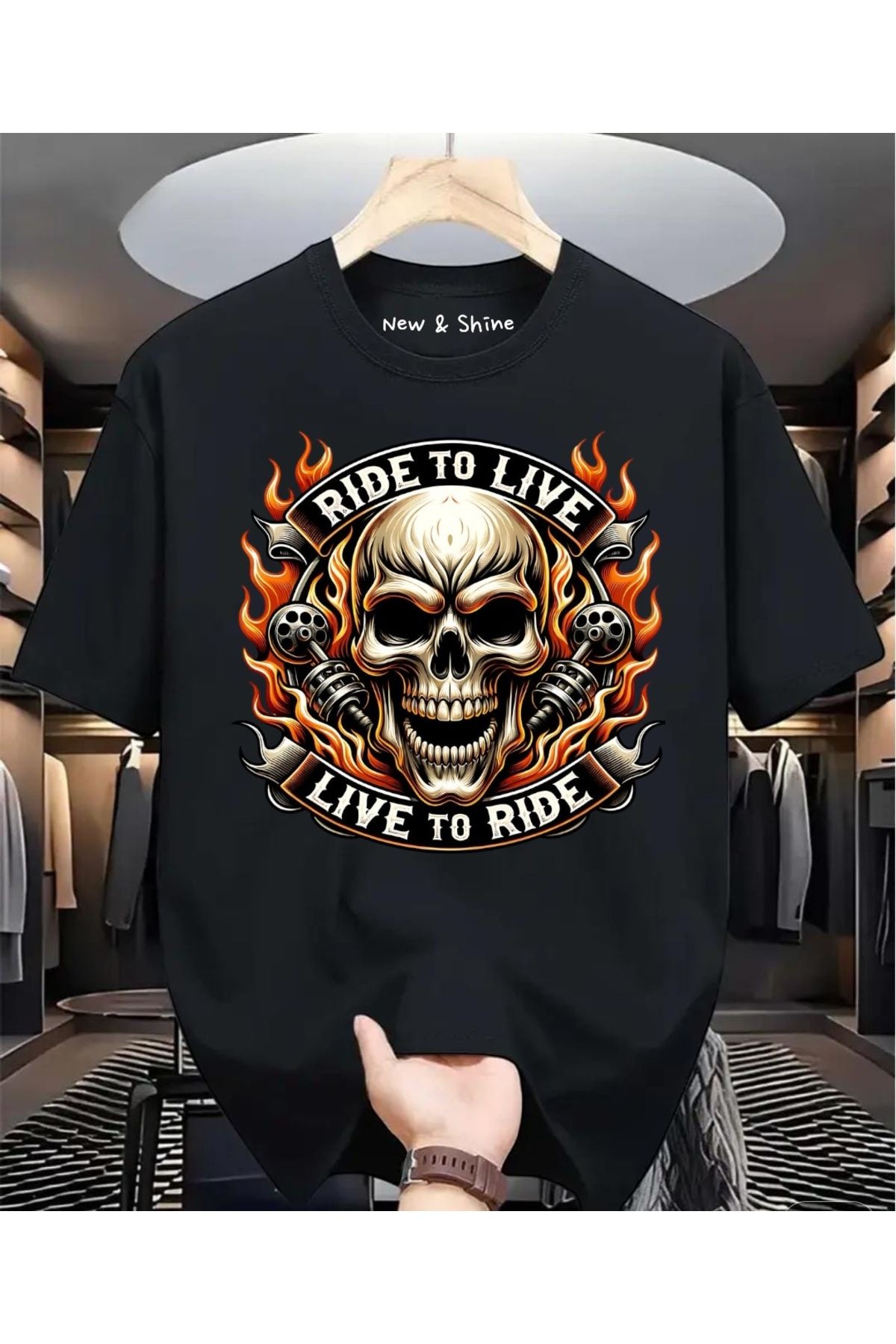 New Shine Ride or Live Baskılı Büyük Beden Oversize T-Shirt