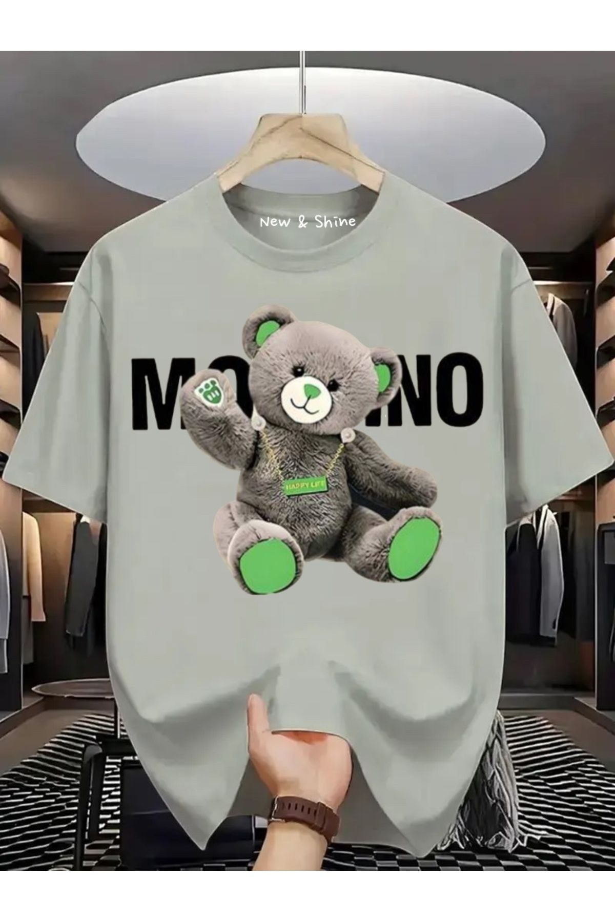 New Shine Gri Ayıcık Baskılı Oversize T-Shirt