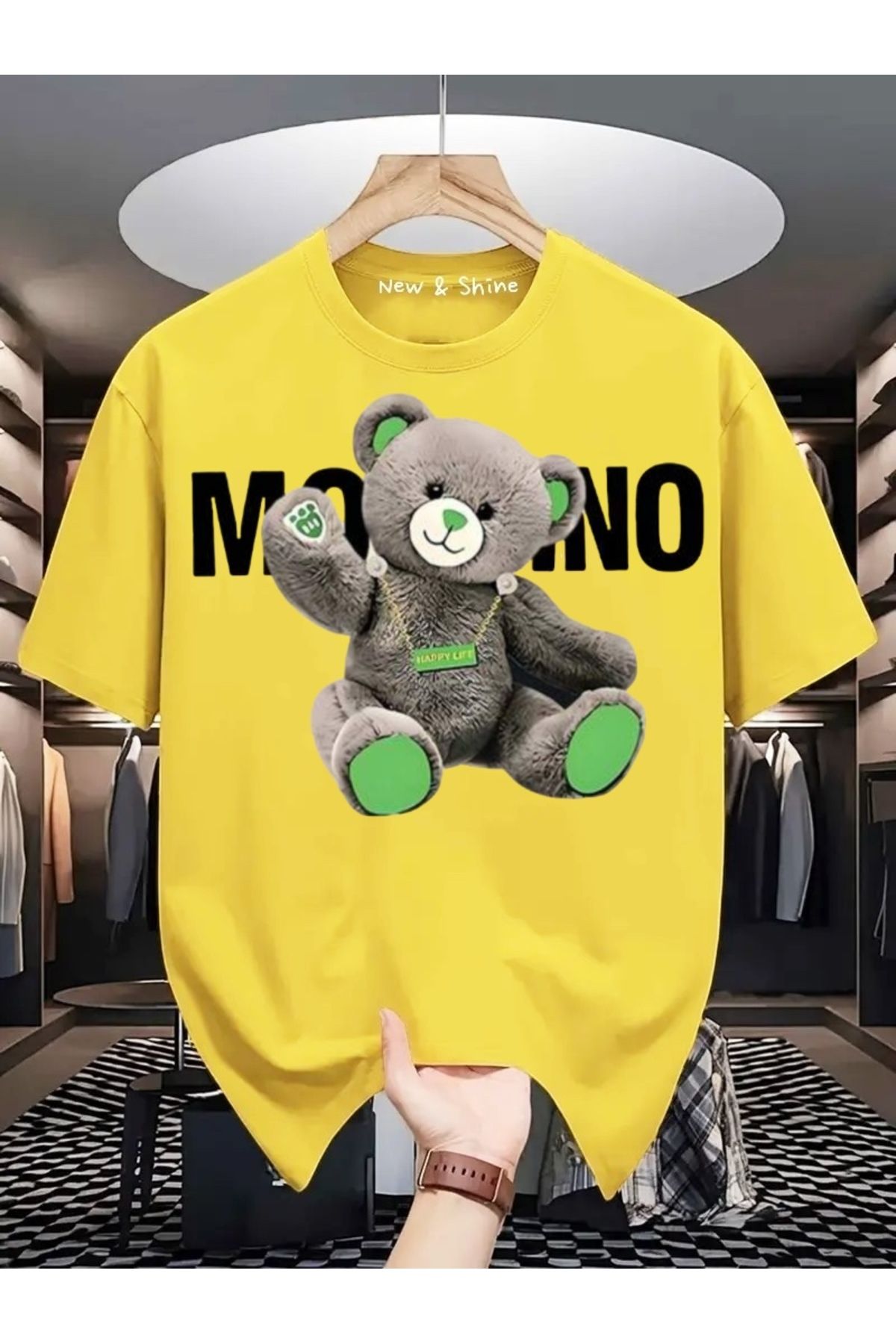 New Shine Gri Ayıcık Baskılı Oversize T-Shirt