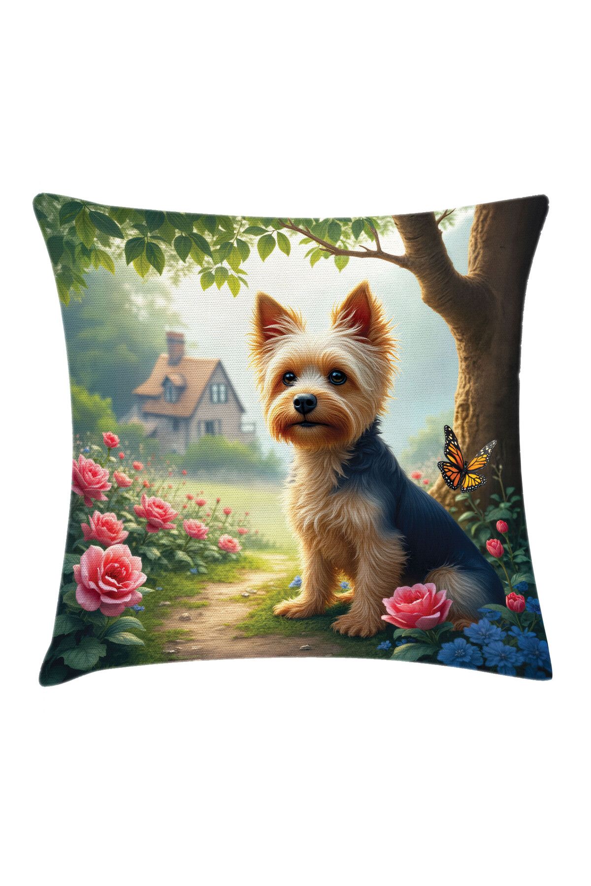 Orange Venue Yorkshire Terrier Desenli Minder Kılıfı, Şirin Köpek ve Köy Bahçesi, Kahverengi Pembe ve Çok Renkli