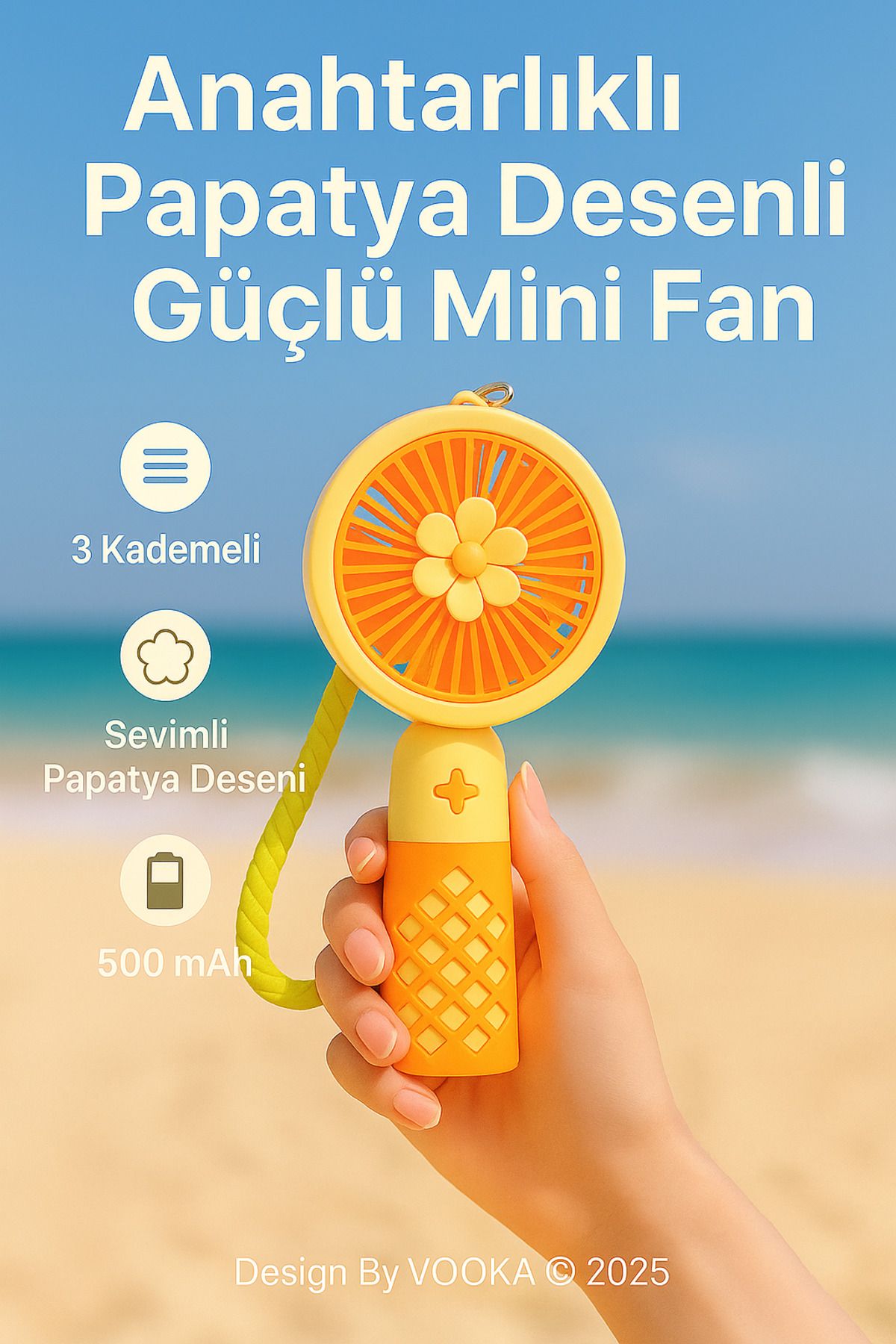 VOOKA Anahtarlıklı Papatya Desenli Mini Fan – 3 Kademeli, USB Şarjlı, Hafif ve Taşınabilir Kişisel