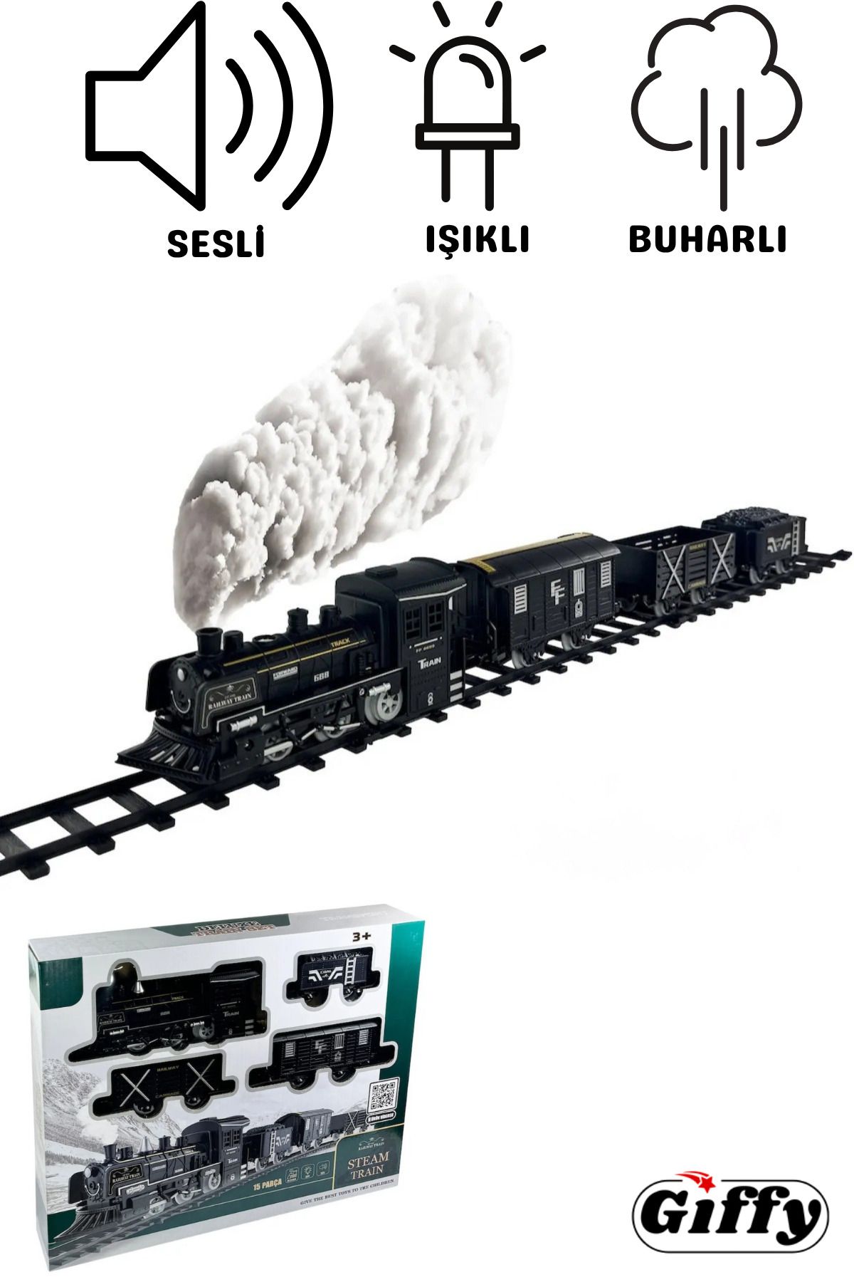 giffy Oyuncak Sesli Işıklı Ve Buharlı Tren 15 Parça Oyun Buhar Atan Klasik 63 Cm Tren 4 Vagonlu