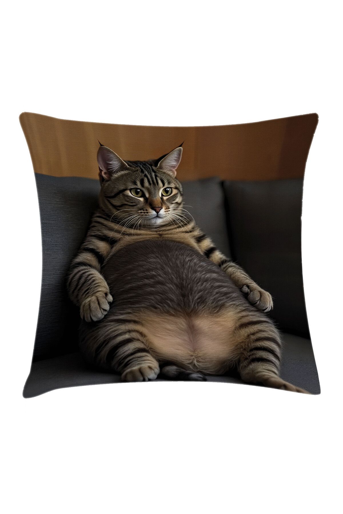Orange Venue Tekir Kedi Desenli Minder Kılıfı, Komik Tombul Kedi Baskısı, Sepya Gri ve Karamel