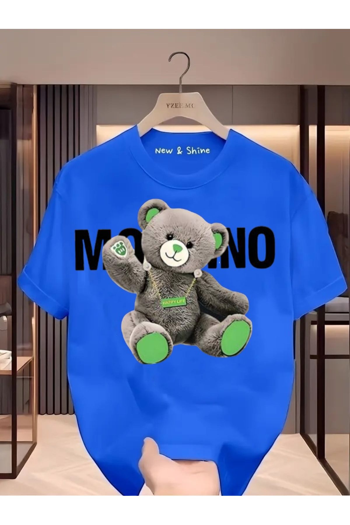 New Shine Gri Ayıcık Baskılı Oversize T-Shirt