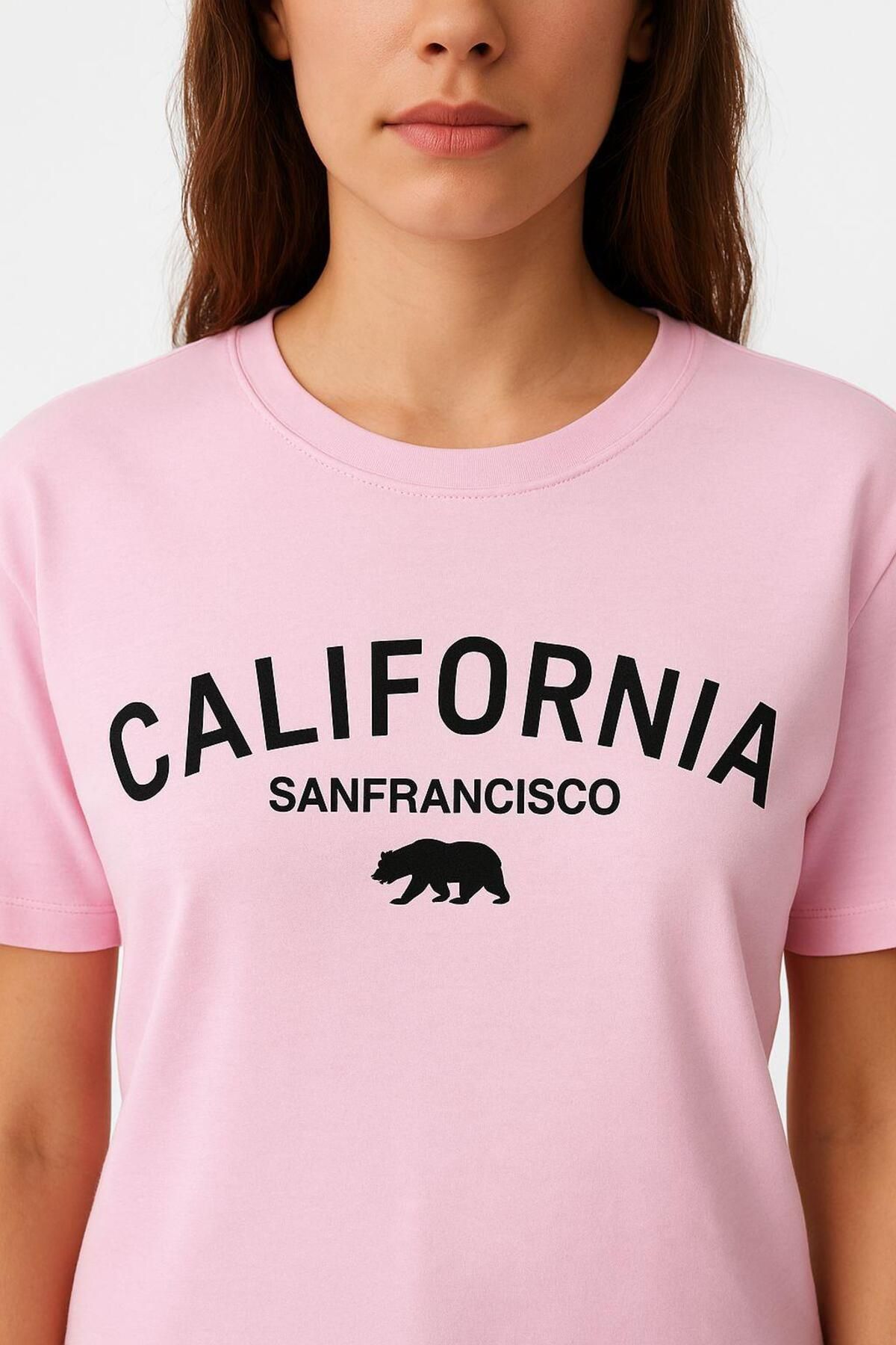 BELISTIL Pembe California Baskılı Bisiklet Yaka Oversize Pamuklu Tişört