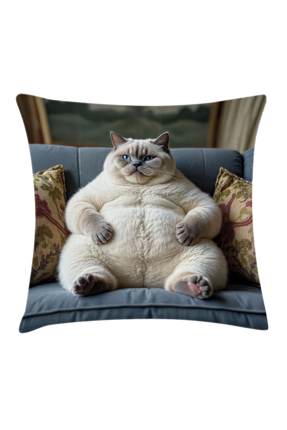 Orange Venue British Shorthair Desenli Minder Kılıfı, Tombul Patron Kedi, Gri Mavi Gri ve Haki