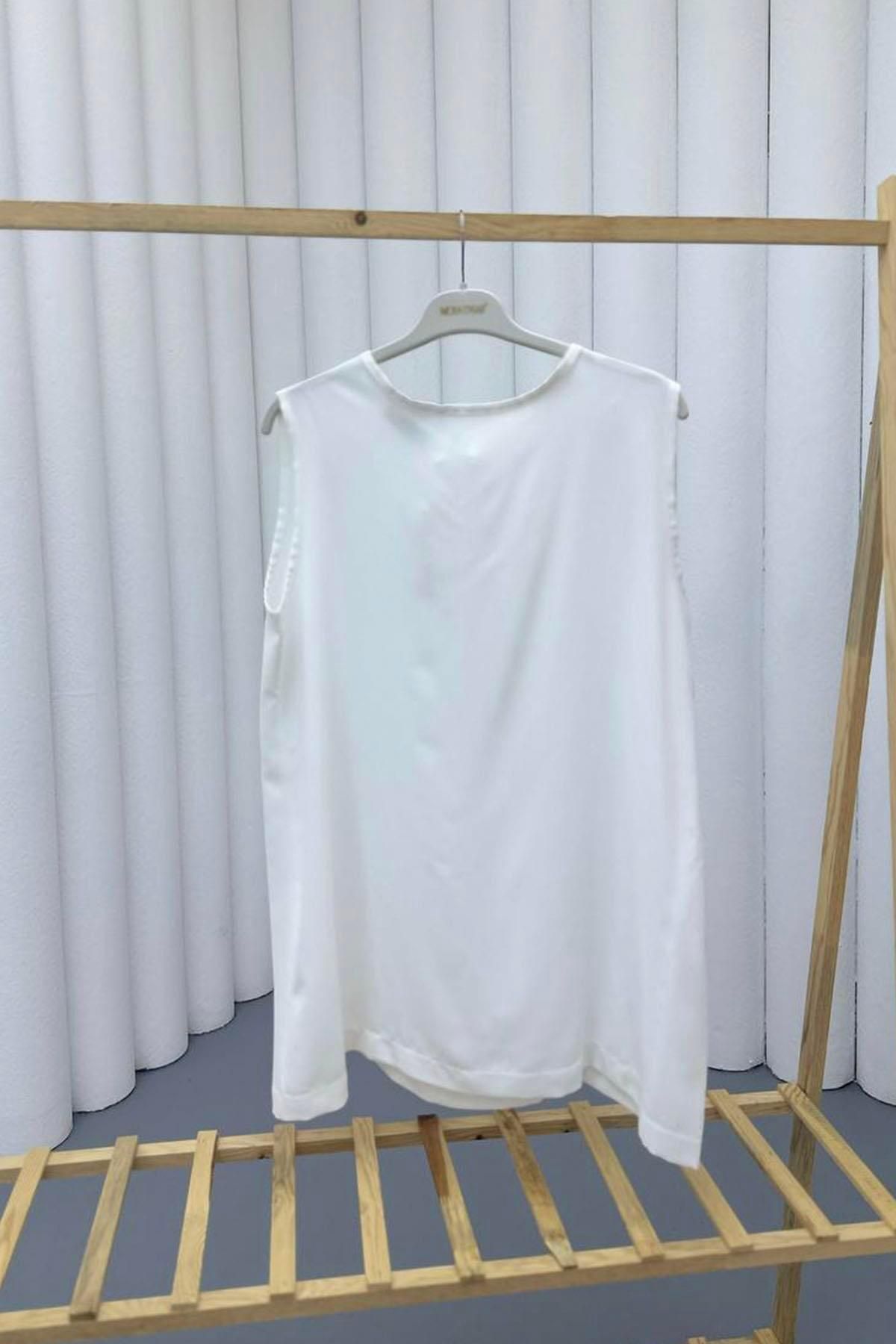 Modaensarbutik Sıfır Kol Saten İçlik-BEYAZ