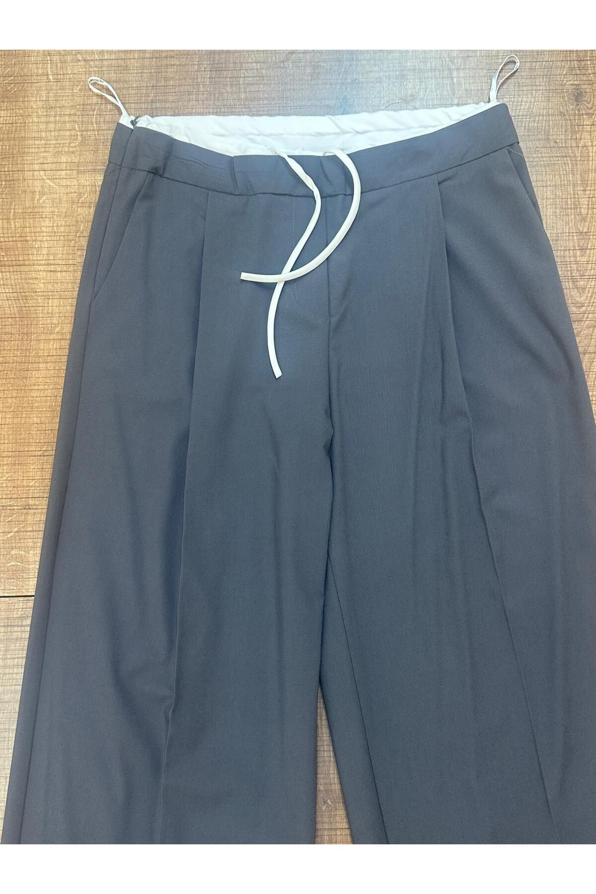 HANIMCA GİYİM BELİ KUMAŞ GİYDİRMELİ İPLİ YANDAN CEPLİ RAHAT KALIP TAM BOY GENİŞ PAÇA KADIN PANTALON