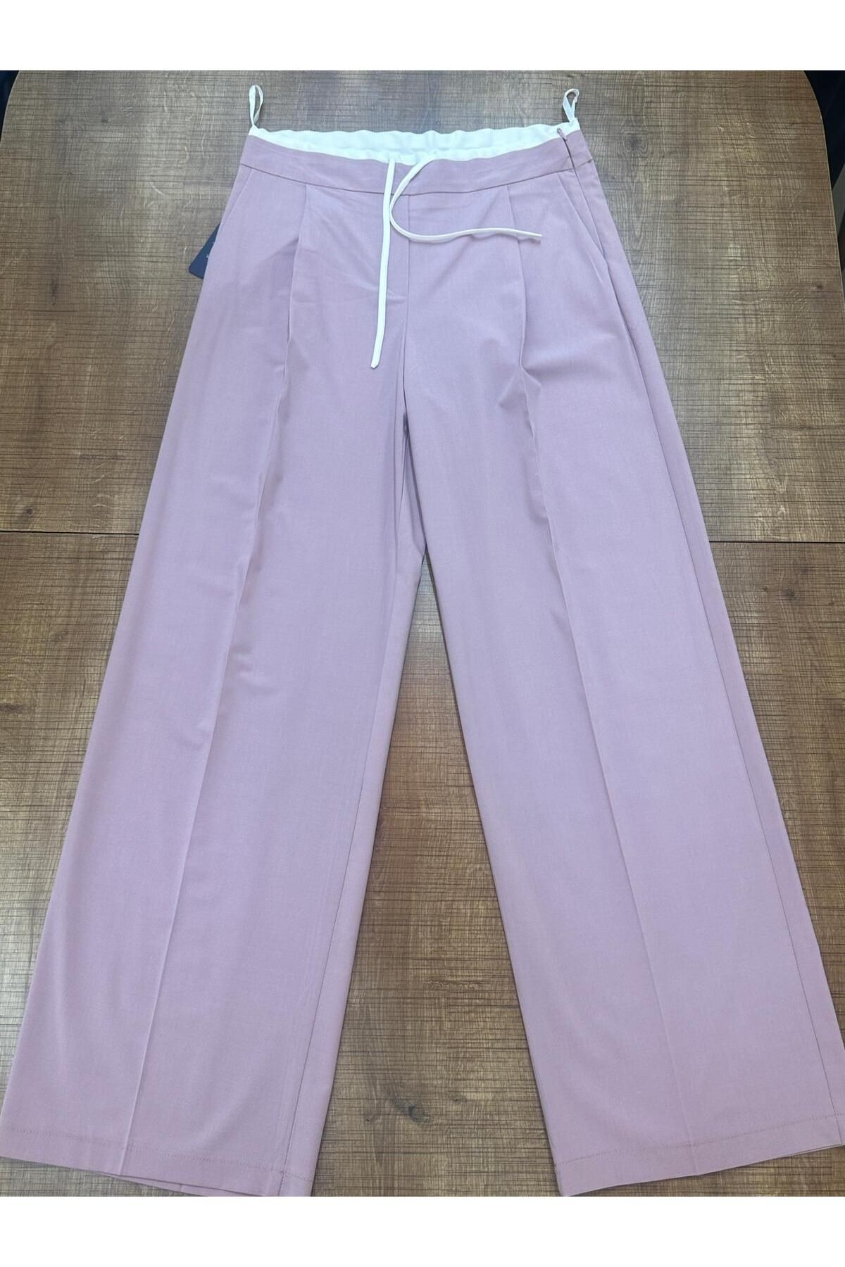 HANIMCA GİYİM BELİ KUMAŞ GİYDİRMELİ İPLİ YANDAN CEPLİ RAHAT KALIP TAM BOY GENİŞ PAÇA KADIN PANTALON