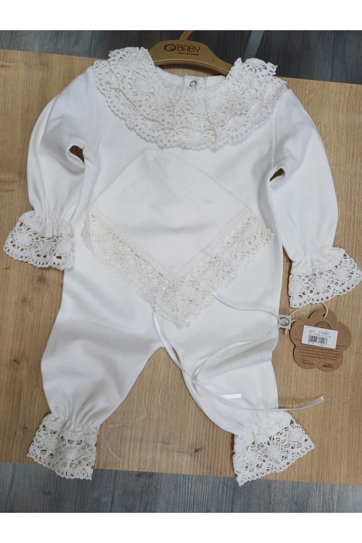 Baby On Dantelli Kız Bebek Tulumu Şapkalı Hastane Çıkışı Dantel Işlemeli Hediyelik Mevlüt Kıyafeti