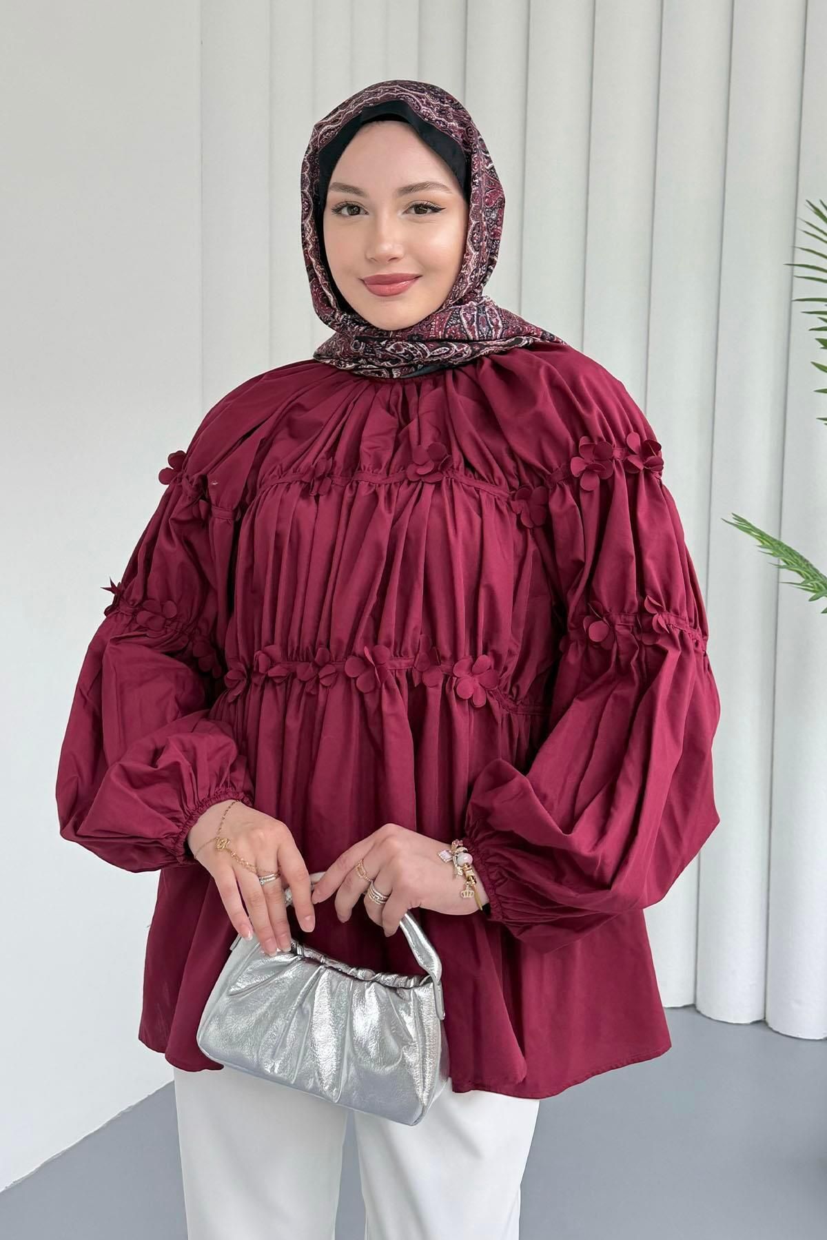 Modaensarbutik Reglan Minik Çiçek Detaylı Poplin Gömlek-BORDO