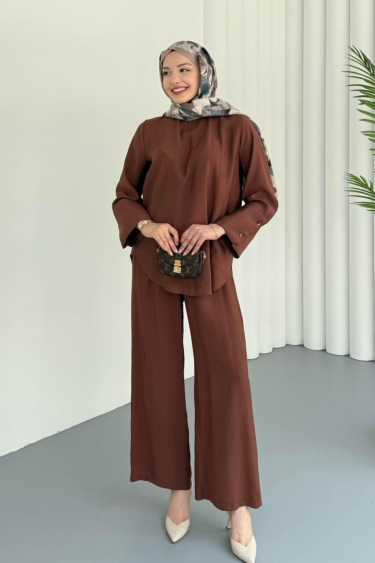 Modaensarbutik Geniş Kol Oversize Pantolonlu Tesettür Takım-KAHVERENGİ