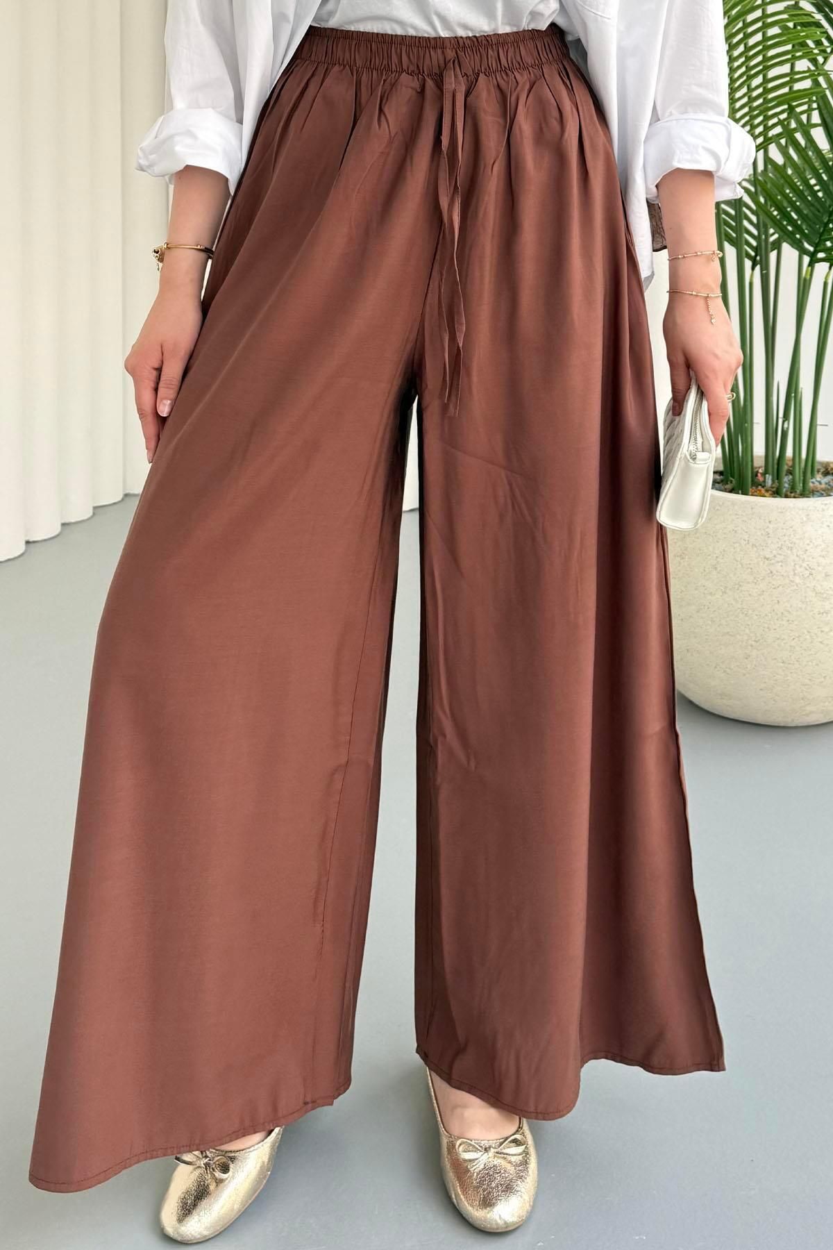 Modaensarbutik Lastikli Beli Ayarlanabilir Bol Paça Pantolon-KAHVERENGİ