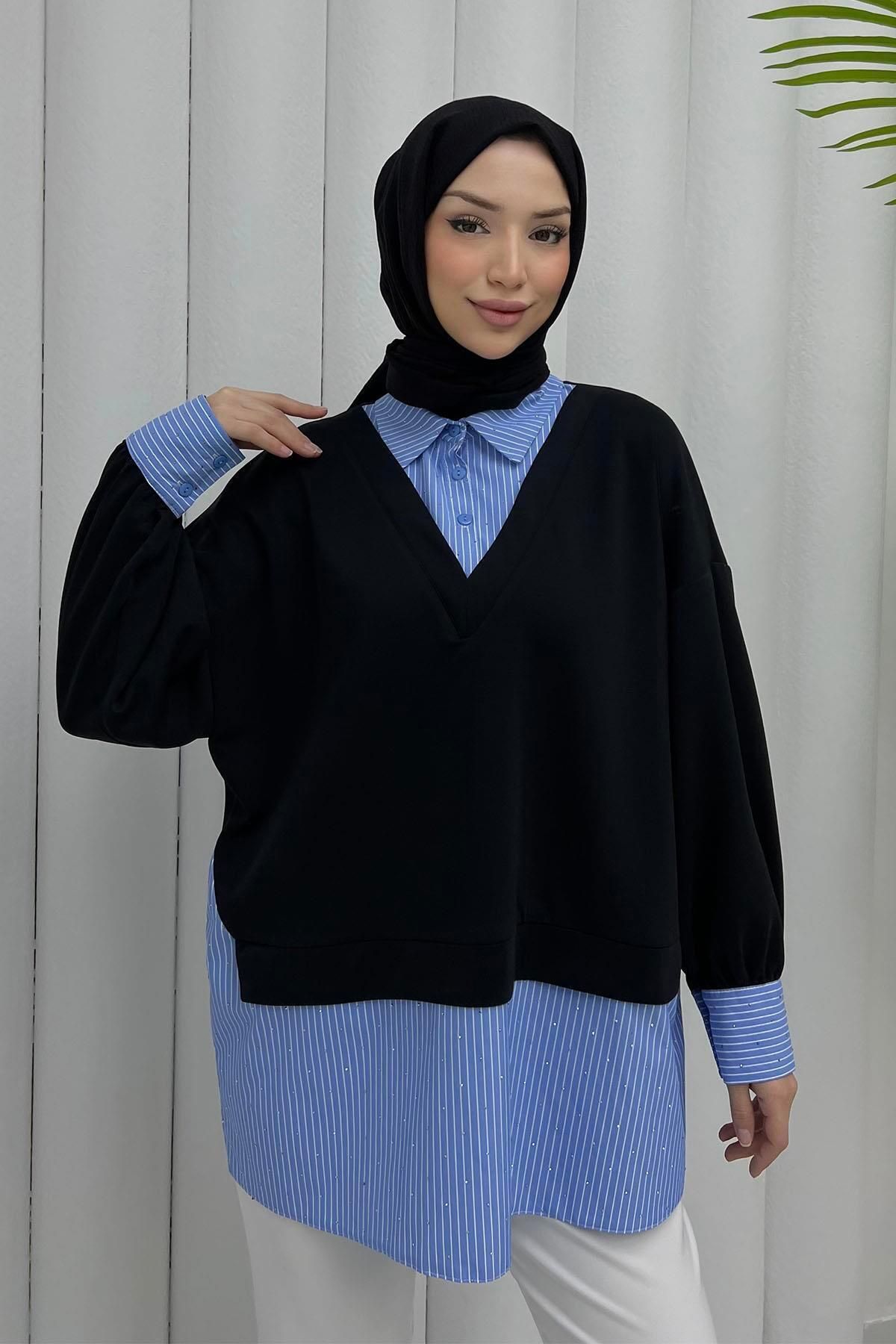Modaensarbutik Garnili Taş Detaylı Oversize Sweat Gömlek-SİYAH