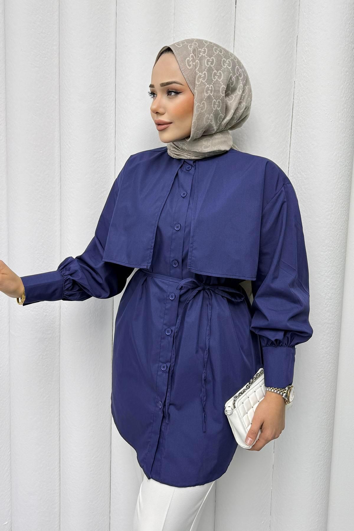 Modaensarbutik Pelerin Detaylı Biye Kemerli Poplin Tesettür Gömlek-LACİVERT