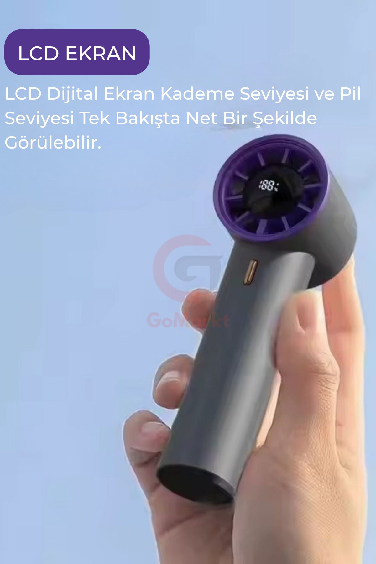 GoMarkt 5 Kademeli El Fanı Mini El Pervanesi Led Ekranlı Turbo Serinletici Pilaj El Fanı