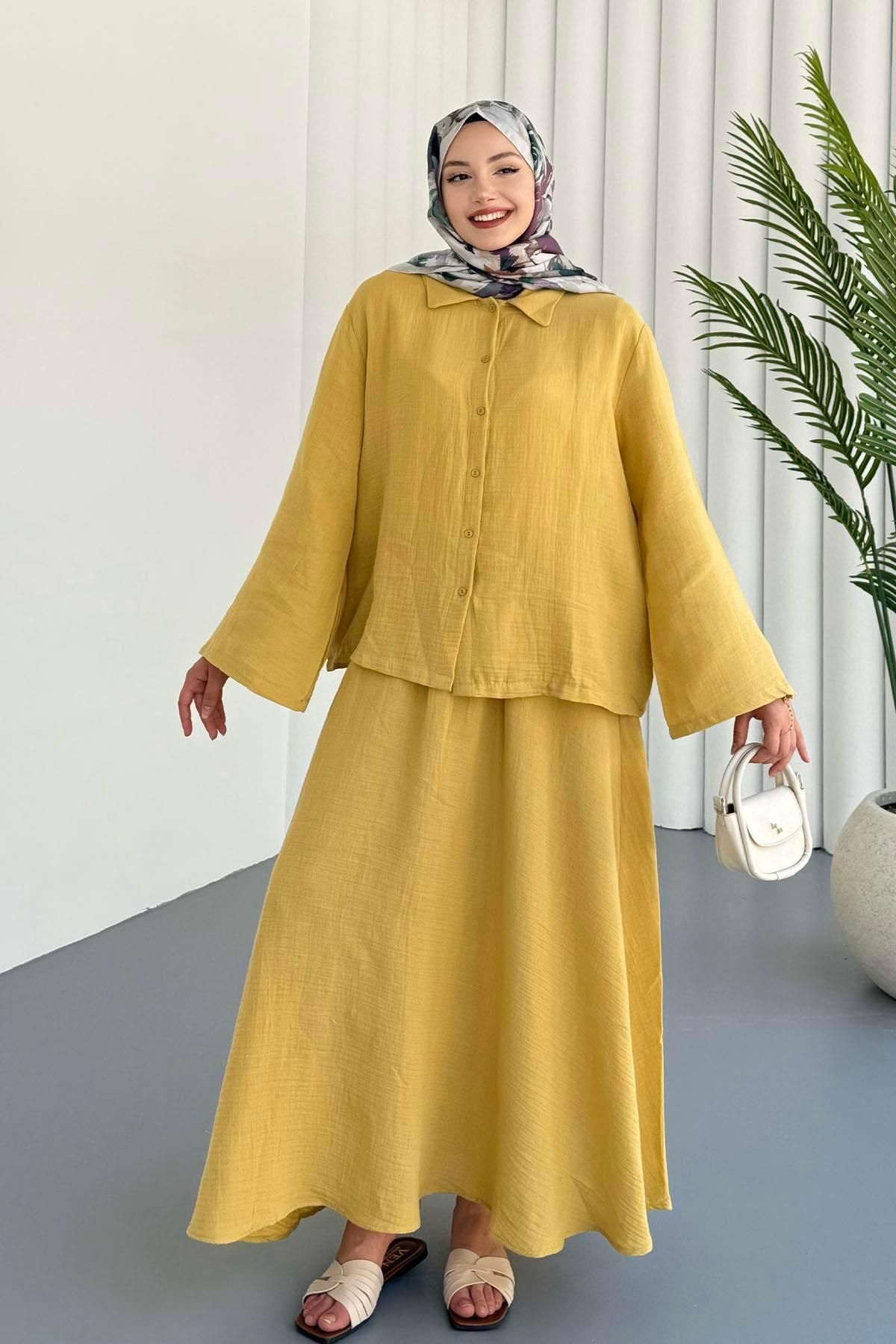 Modaensarbutik Muslin Keten Kumaş Etekli Tesettür Takım-YAĞ YEŞİLİ