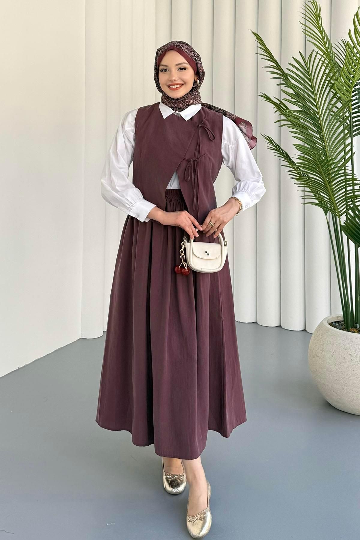 Modaensarbutik Yeleği Bağçık Detaylı Modal Etekli Tesettür Takım-MÜRDÜM