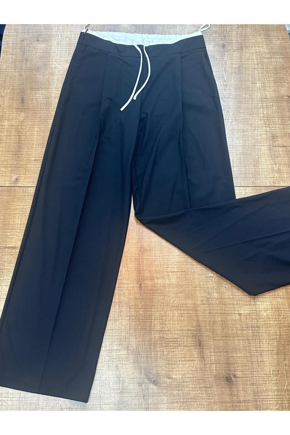 HANIMCA GİYİM BELİ KUMAŞ GİYDİRMELİ İPLİ YANDAN CEPLİ RAHAT KALIP TAM BOY GENİŞ PAÇA KADIN PANTALON