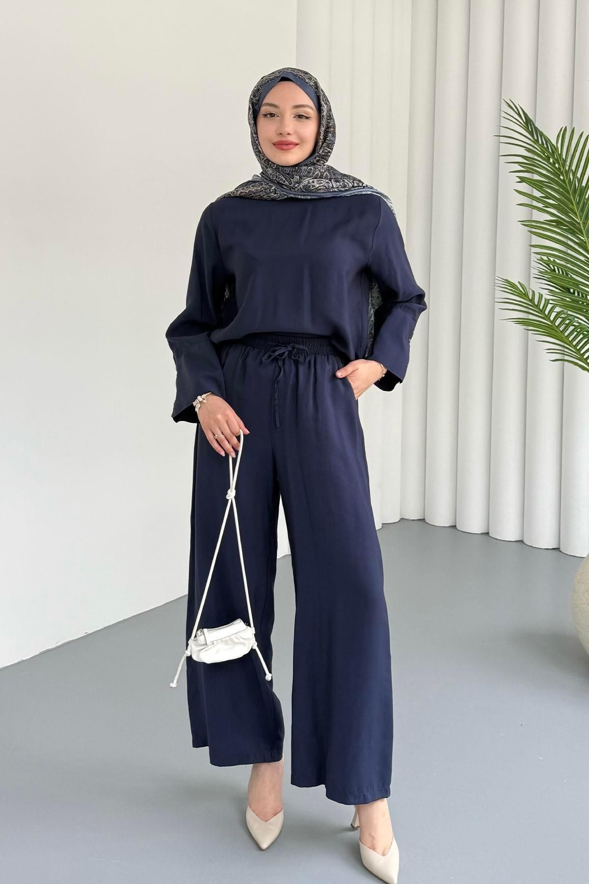 Modaensarbutik Geniş Kol Oversize Pantolonlu Tesettür Takım-LACİVERT