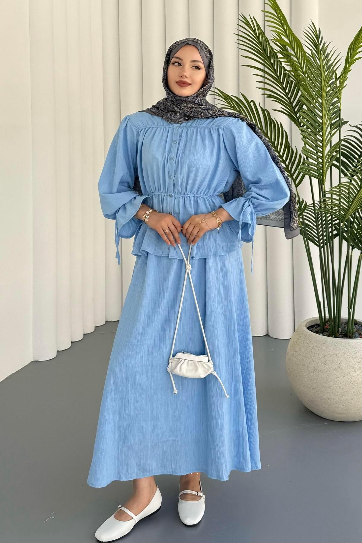 Modaensarbutik Bluzu Büzğü Detaylı Etekli Tesettür Takım-MAVİ