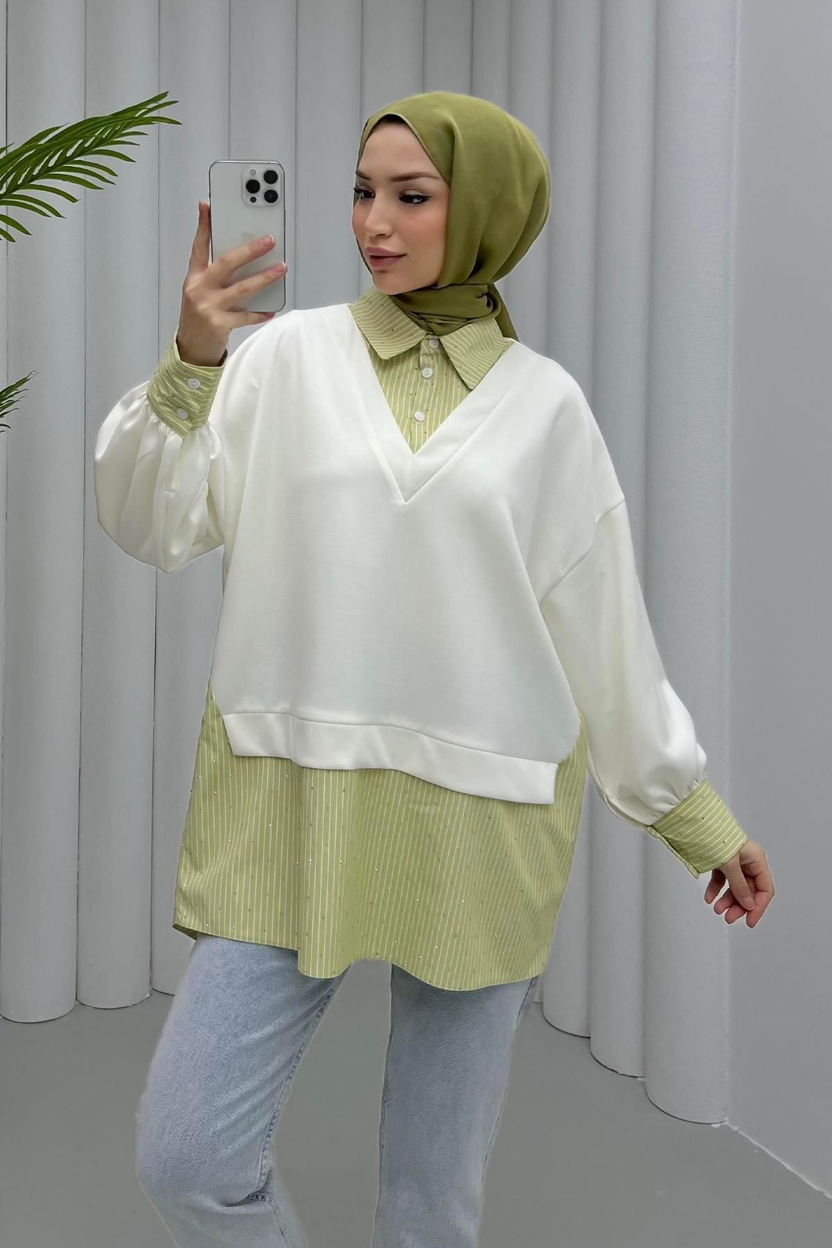 Modaensarbutik Garnili Taş Detaylı Oversize Sweat Gömlek-BEYAZ