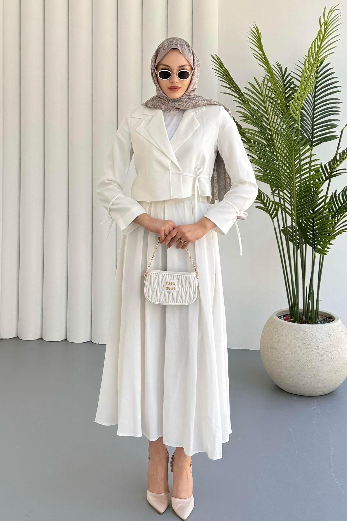 Modaensarbutik Çift Yaka Detaylı Tesettür Takım-EKRU