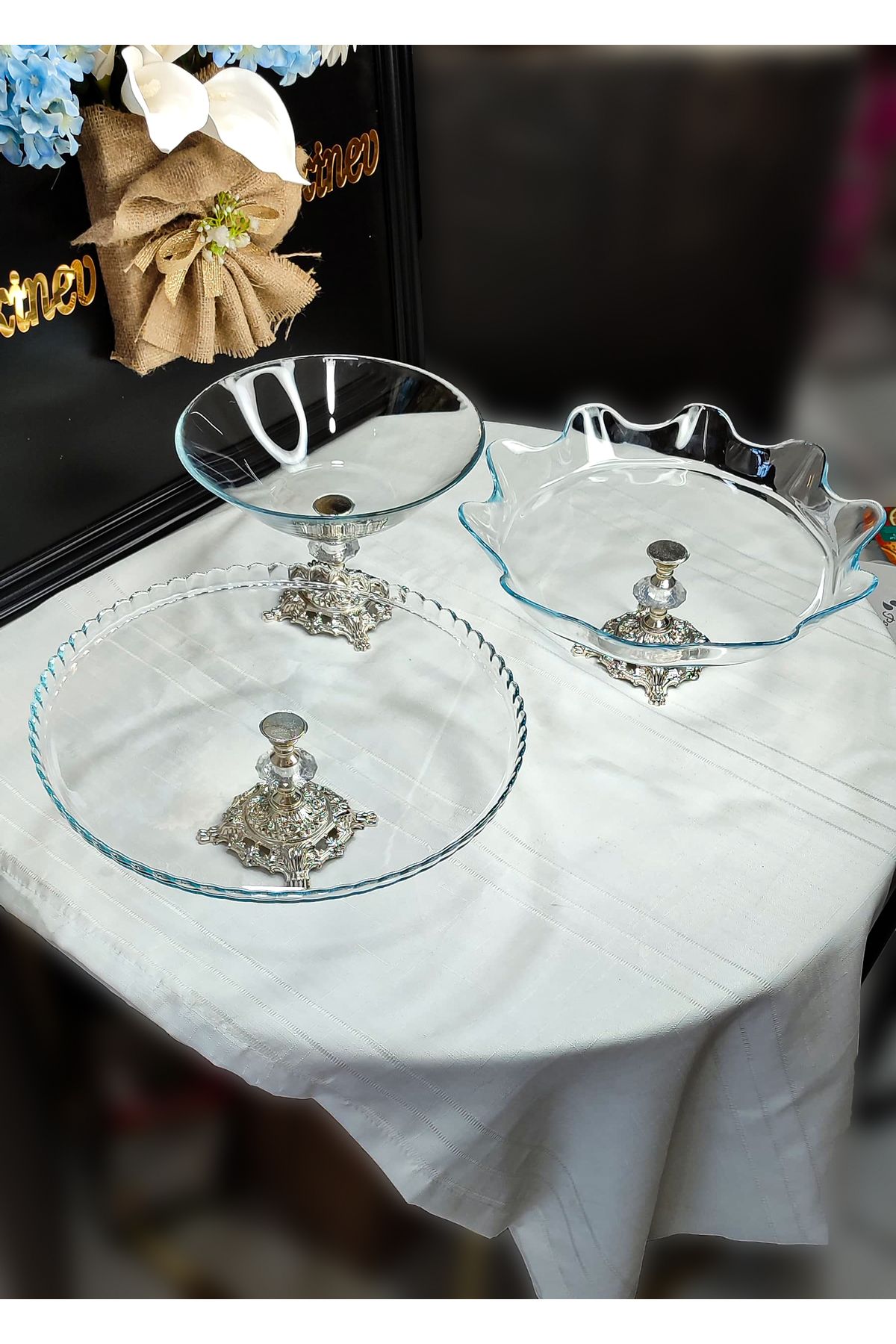 SEÇKİNEV 3 Parça Gümüş Ayaklı Pratik Silver Tokyo Sunum Tabağı Set