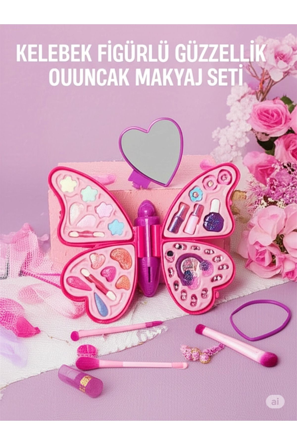 ÖYKÜ VE YİĞİT Kelebek Figürlü Güzellik Kız Çocuk Oyuncak Makyaj Oyun Seti 4 Katmanlı Makyaj Güzellik Seti