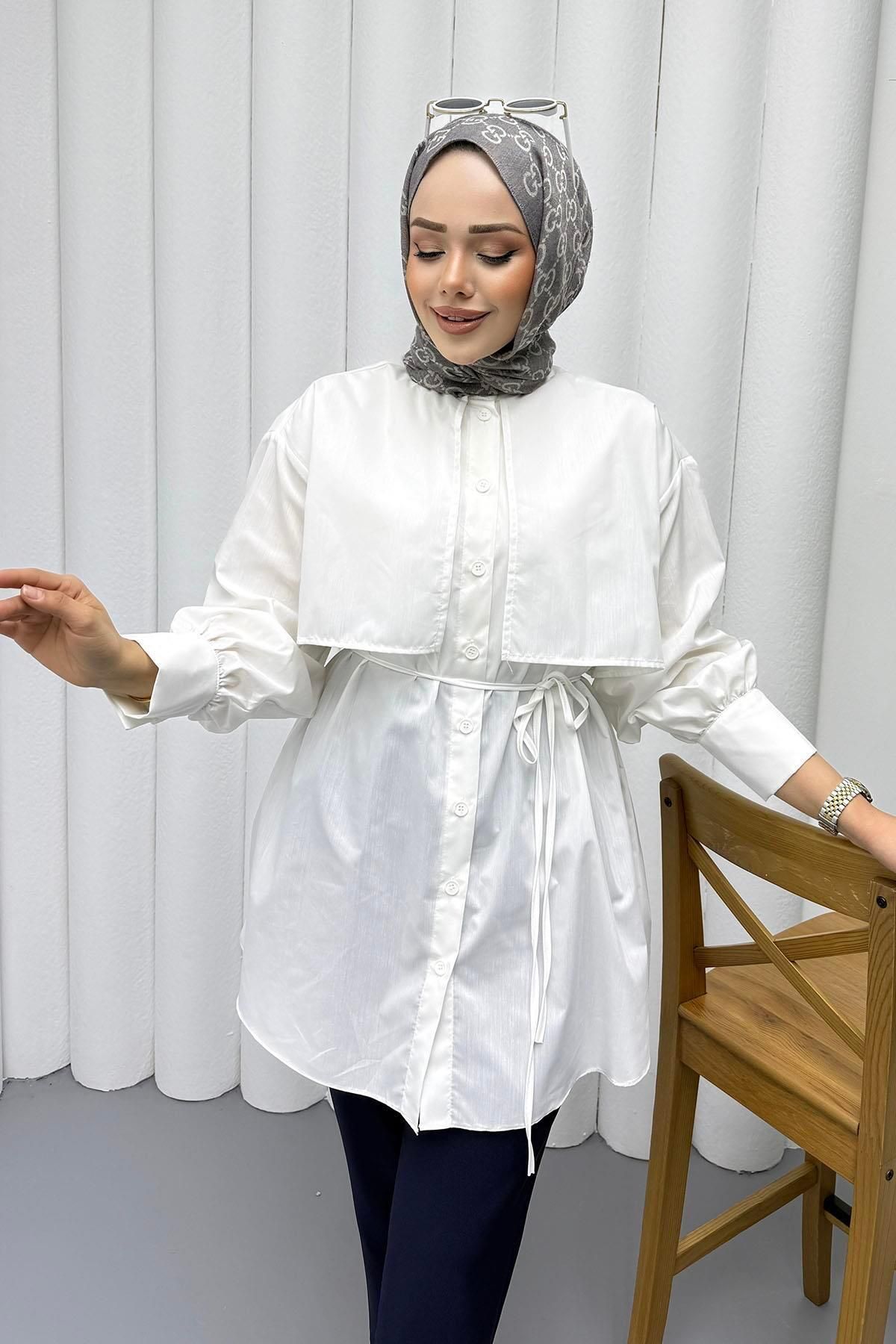 Modaensarbutik Pelerin Detaylı Biye Kemerli Poplin Tesettür Gömlek-BEYAZ