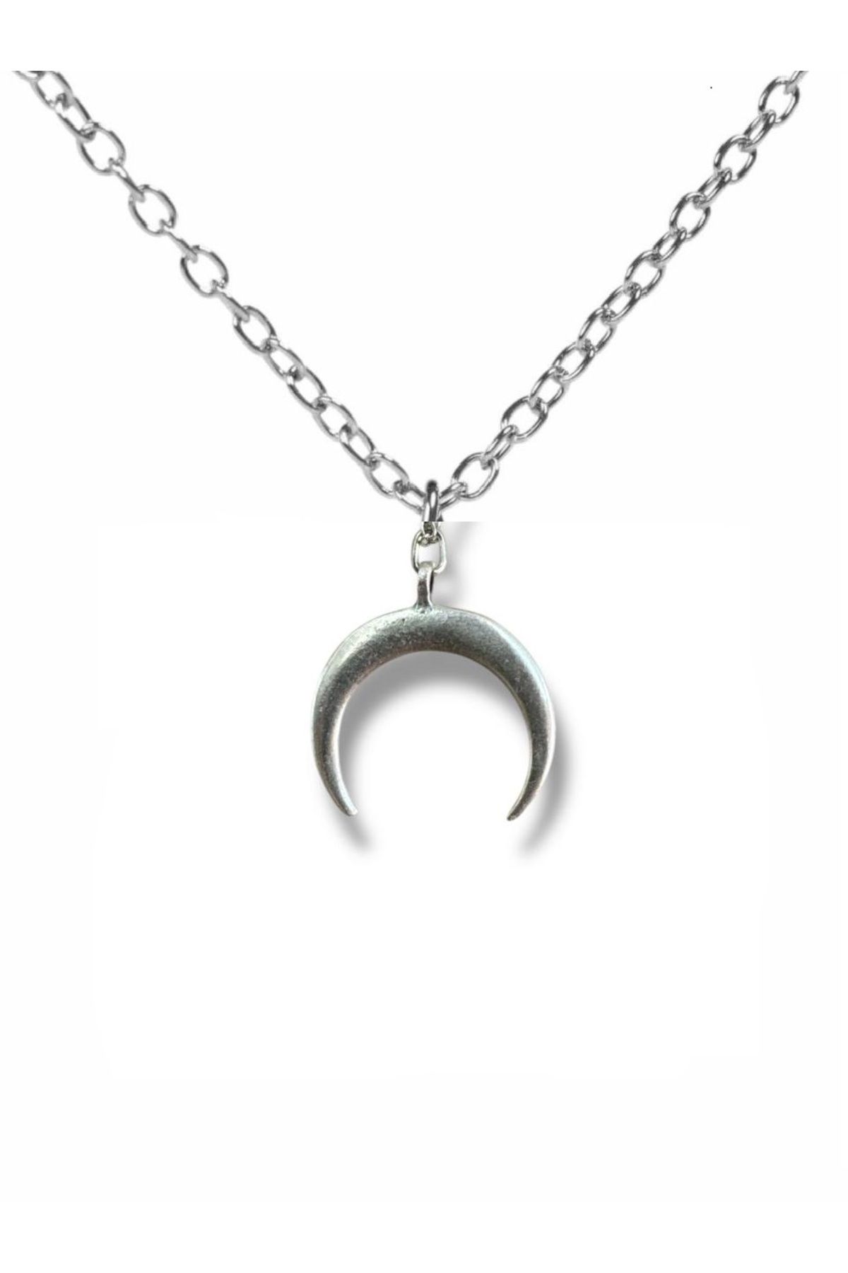 Herşey Nota Ters Hilal Figürlü Unisex Kolye – Gotik Tarz Gümüş Renk Metal Takı