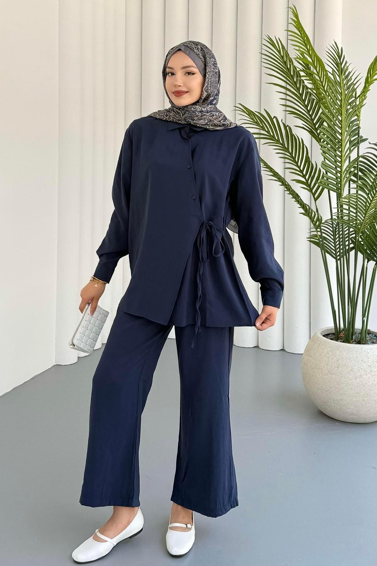 Modaensarbutik Gömleği Yandan Bağlamalı Modal Pantolonlu Tesettür Takım-LACİVERT