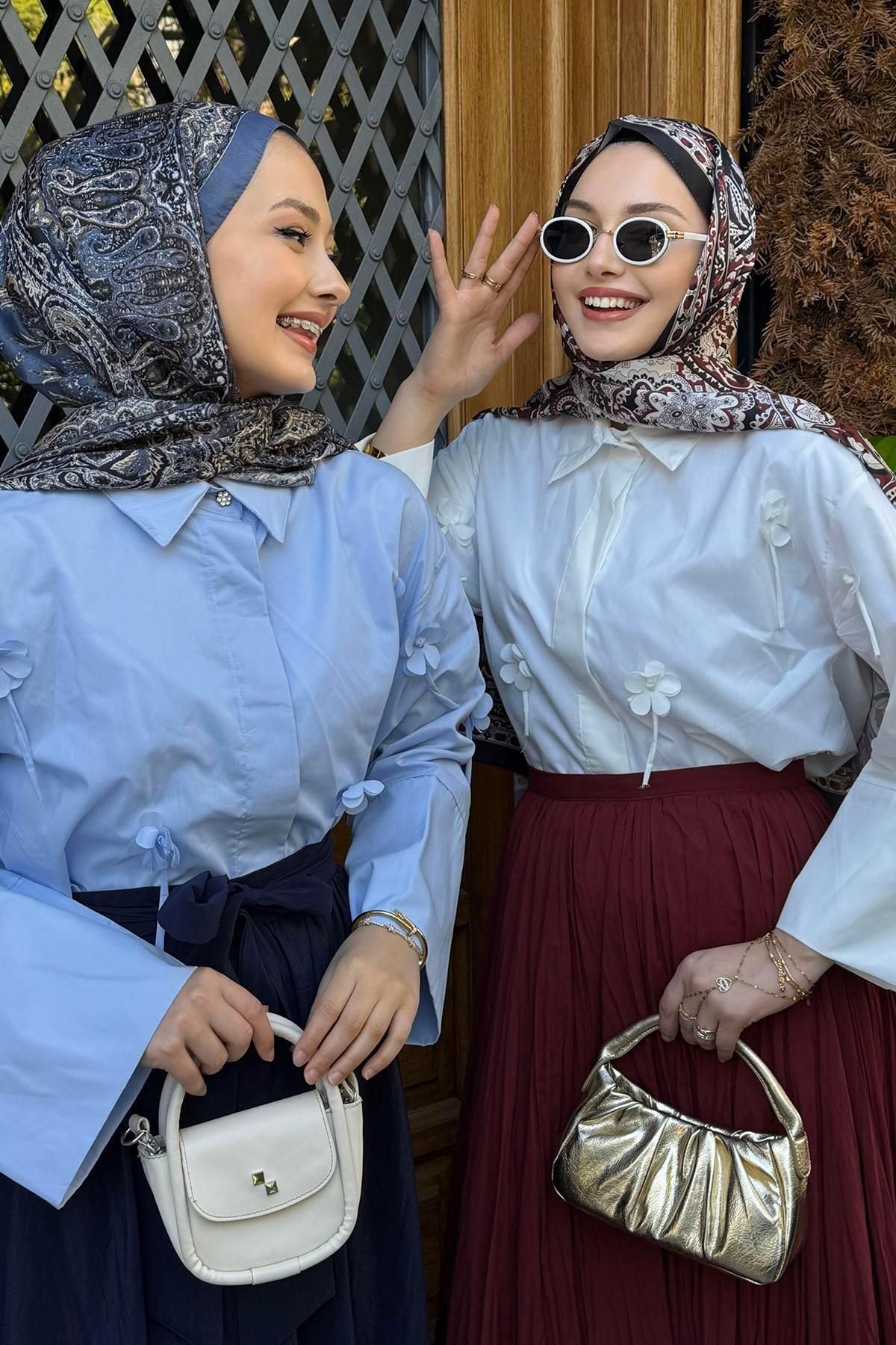 Modaensarbutik Oversize Papatyalı Kısa Gömlek-EKRU
