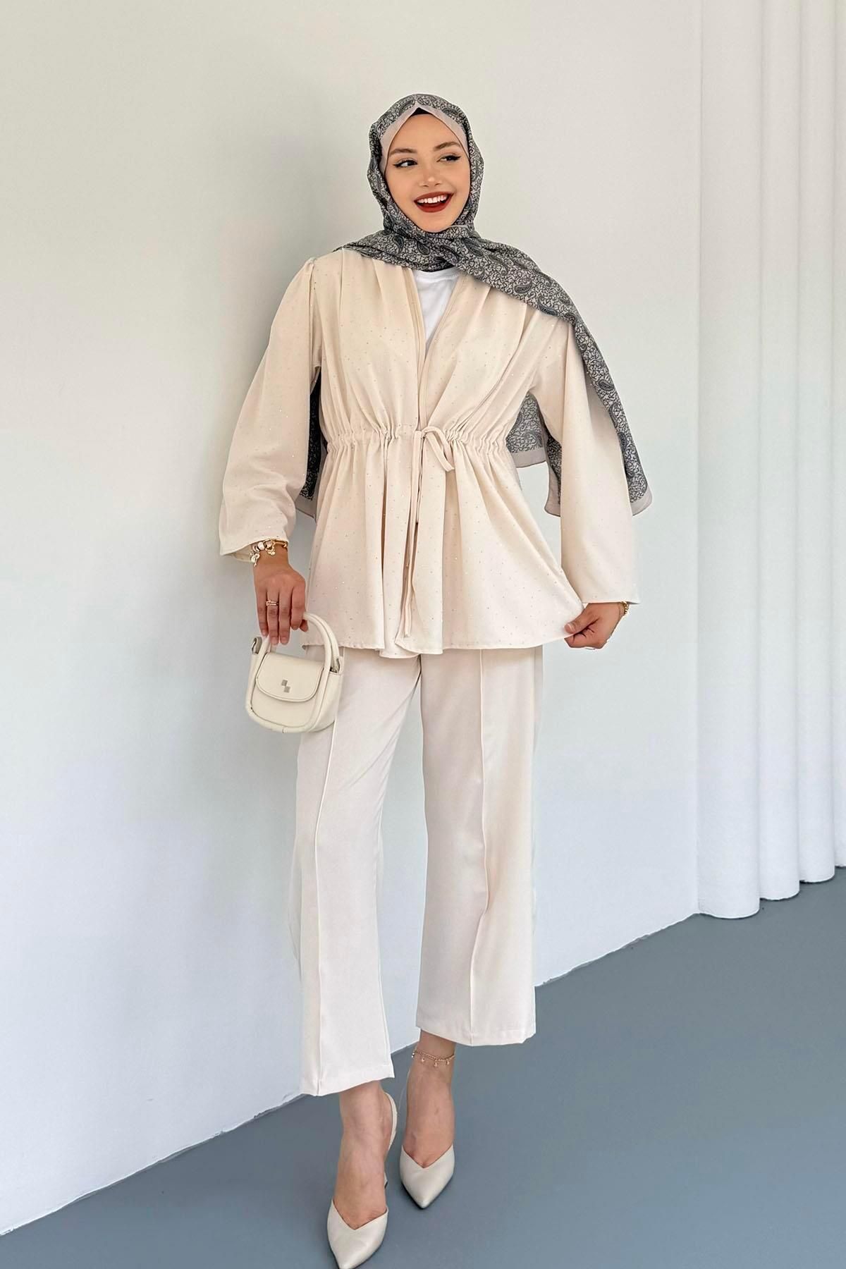 Modaensarbutik Belden Büzgülü Taş Serpmeli Kimono Pantolon Takım-TAŞ