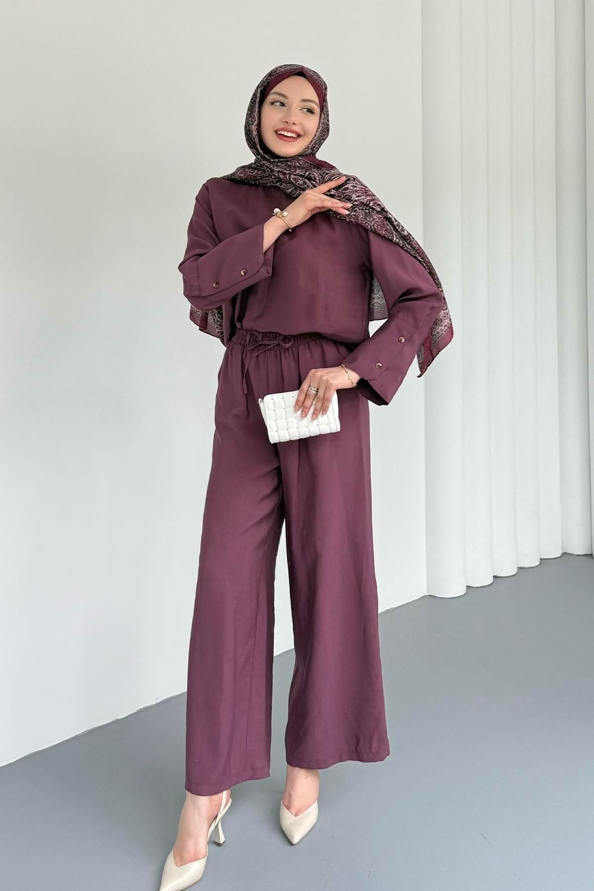 Modaensarbutik Geniş Kol Oversize Pantolonlu Tesettür Takım-MÜRDÜM