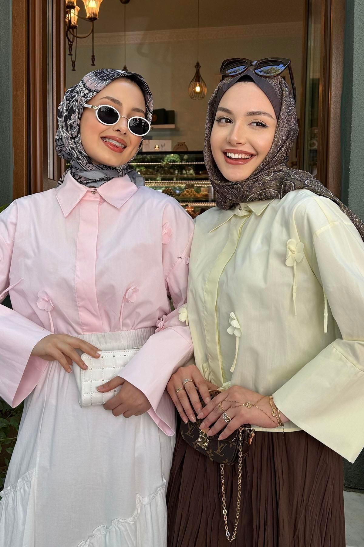 Modaensarbutik Oversize Papatyalı Kısa Gömlek-PUDRA