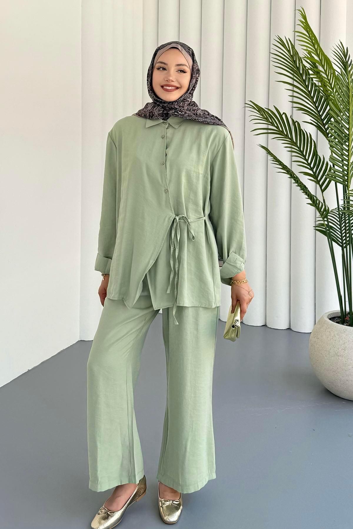 Modaensarbutik Gömleği Yandan Bağlamalı Modal Pantolonlu Tesettür Takım-YEŞİL