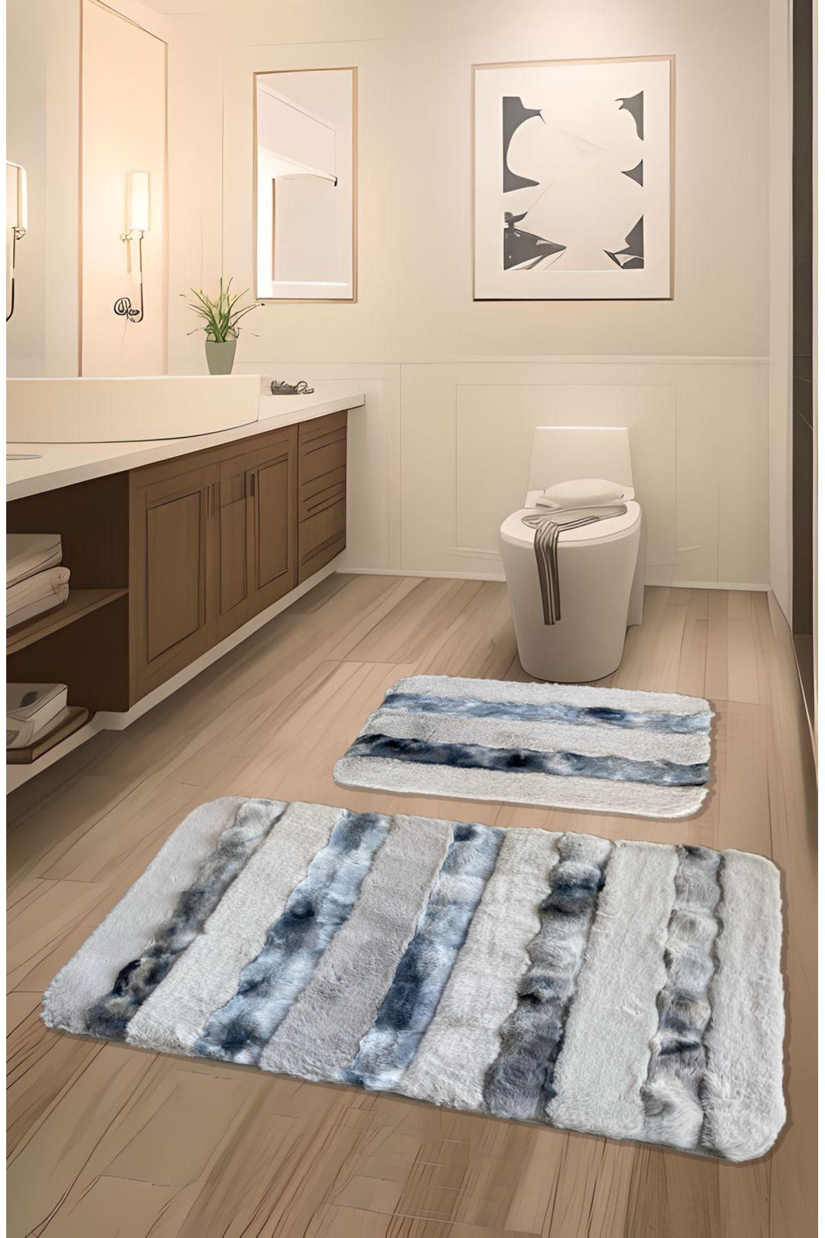 FeelHome Serante Tavşan Tüyü, Kaymaz Taban, Pofuduk, Yumuşacık, Ultra Lüks, Yıkanabilir 2'li Banyo Paspası