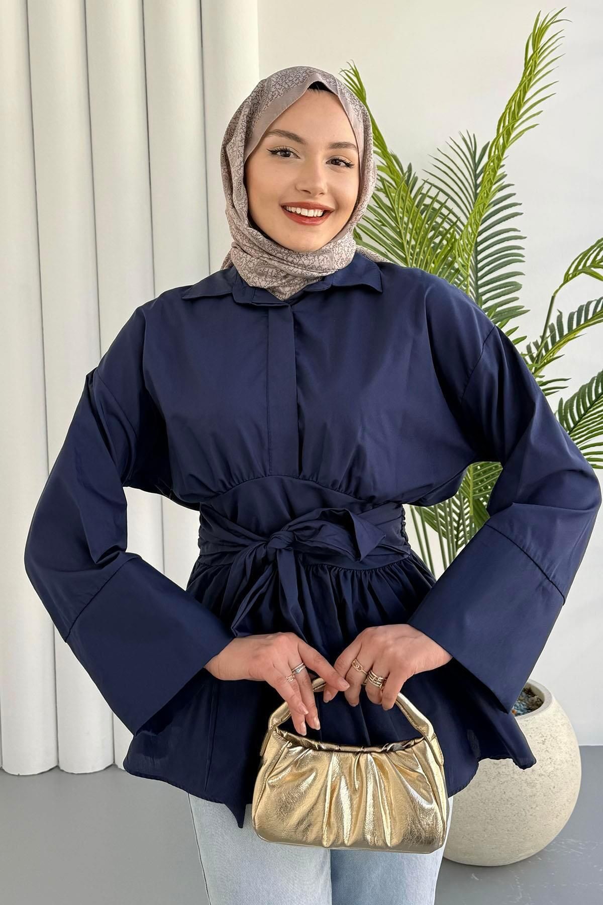 Modaensarbutik Beli Bağlamalı Tesettür Gömlek-LACİVERT