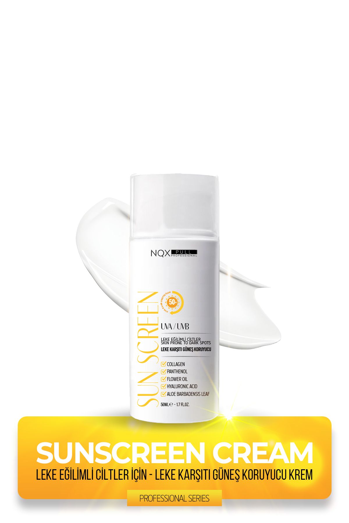 NQX PULL PROFESSIONAL Güneş Kremi Spf 50 Faktör Leke Karşıtı, Yüksek Koruma, Tüm Ciltler Için Suya Dayanıklı 50 ml