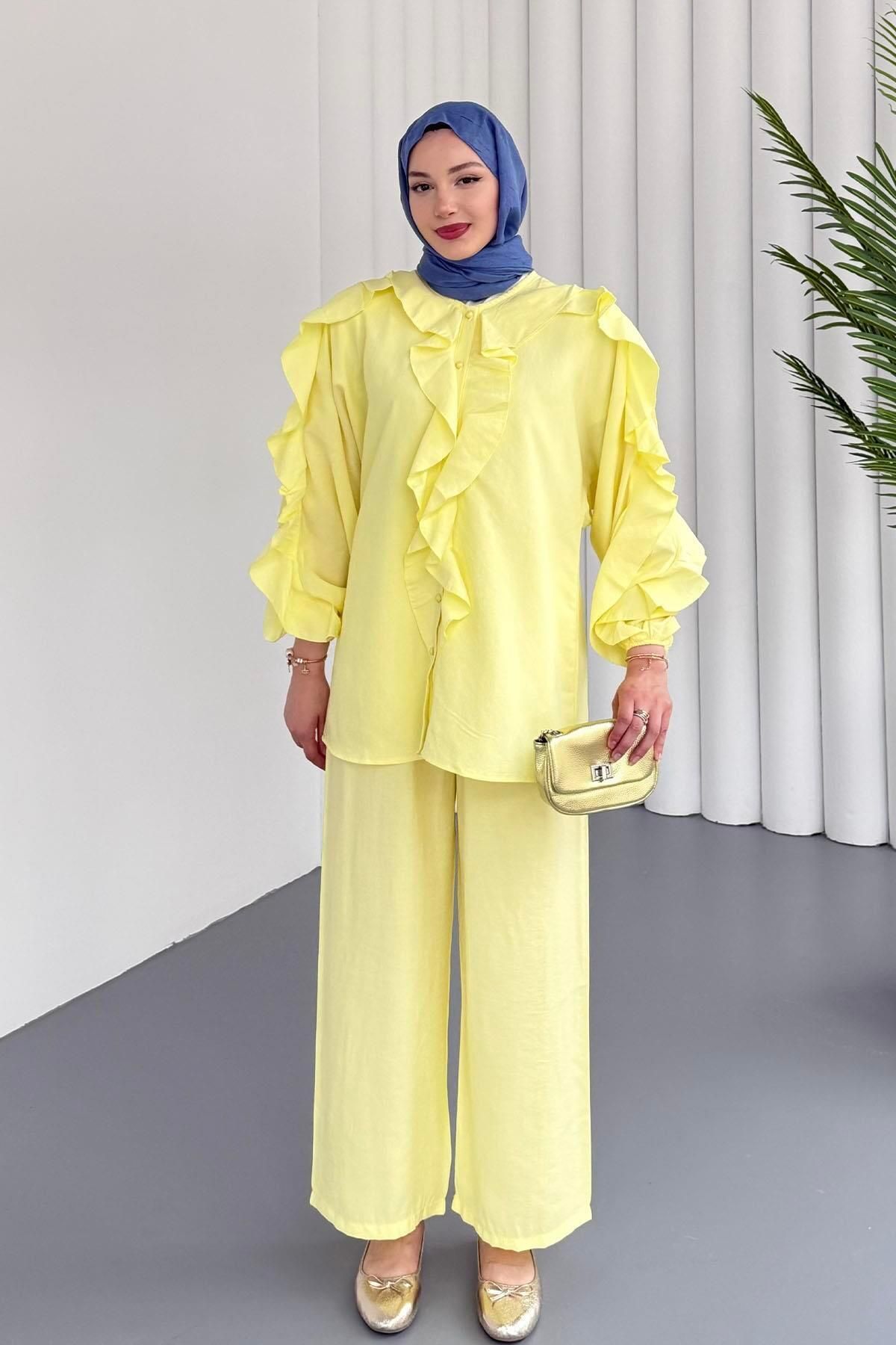Modaensarbutik Flora Fırfır Detaylı Tesettür Takım-SARI