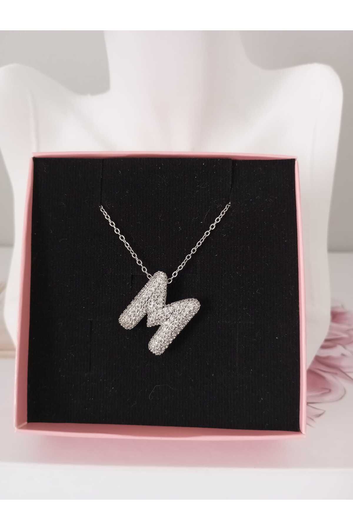 sessjewelry Kadın Çelik Silver Zirkon Taşlı M Harfli Kolye