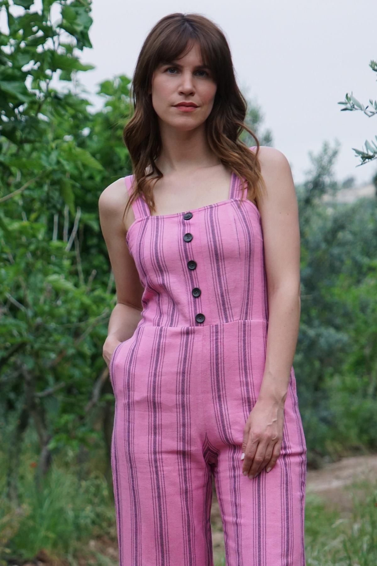 Defne&Apollon İpekçilik El Dokuması Çizgili Tulum Keten-Pamuk - Pembe