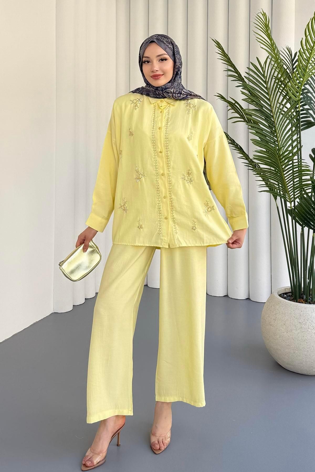 Modaensarbutik Taş İşlemeli Gömlek Pantolon İkili Tesettür Takım-SARI