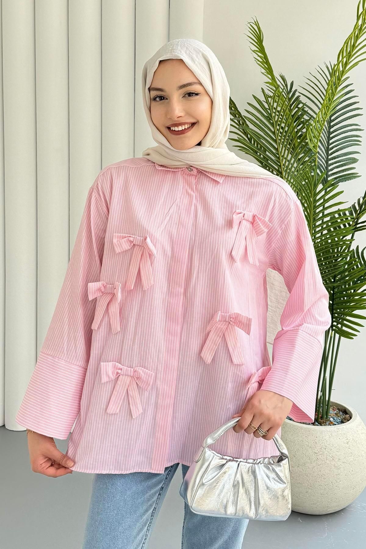 Modaensarbutik Fiyonk Detaylı Çizgili Gömlek-PEMBE